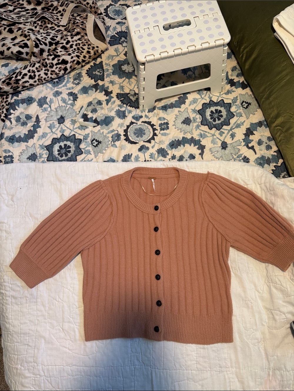 Free People Dusty Rose Ribbed Short-Sleeve Button Cardigan